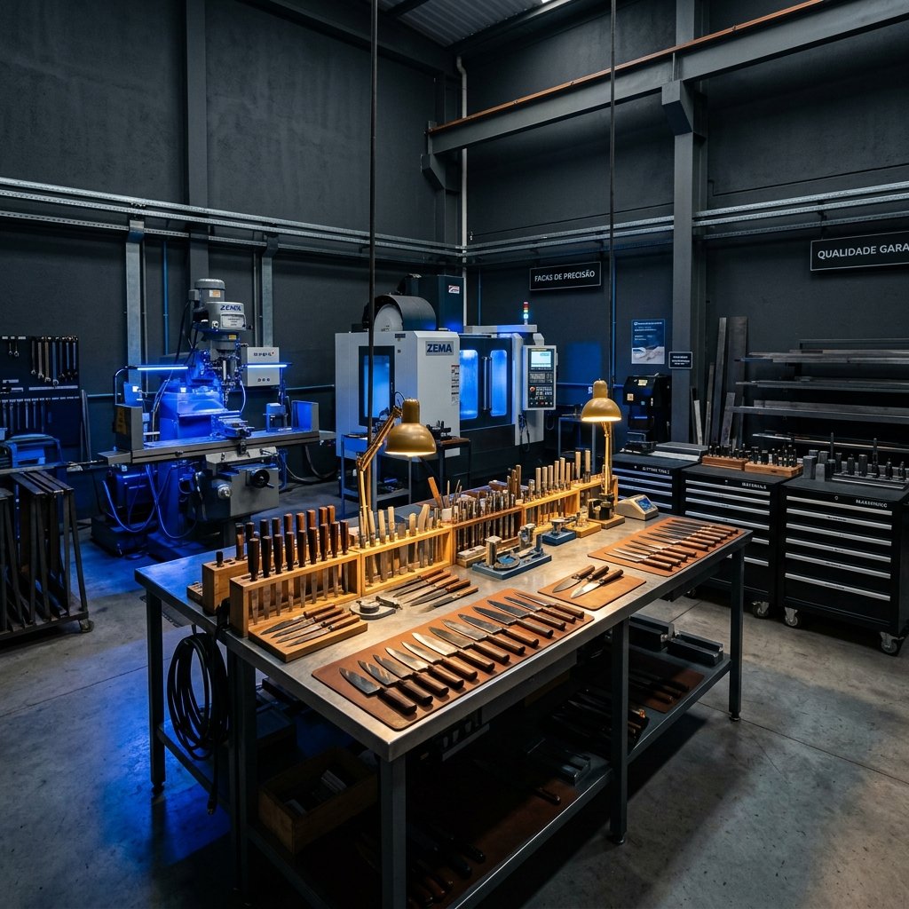 Interior da fábrica da Pontual Facas em Franca/SP — produção de facas industriais sob medida